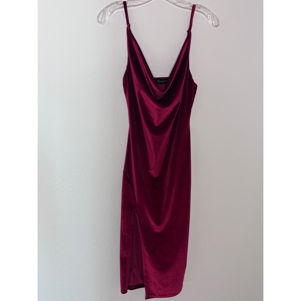 PrettyLittleThing‎ Burgundy Velvet Cowl Neck Midi Dress with Slit Size 6